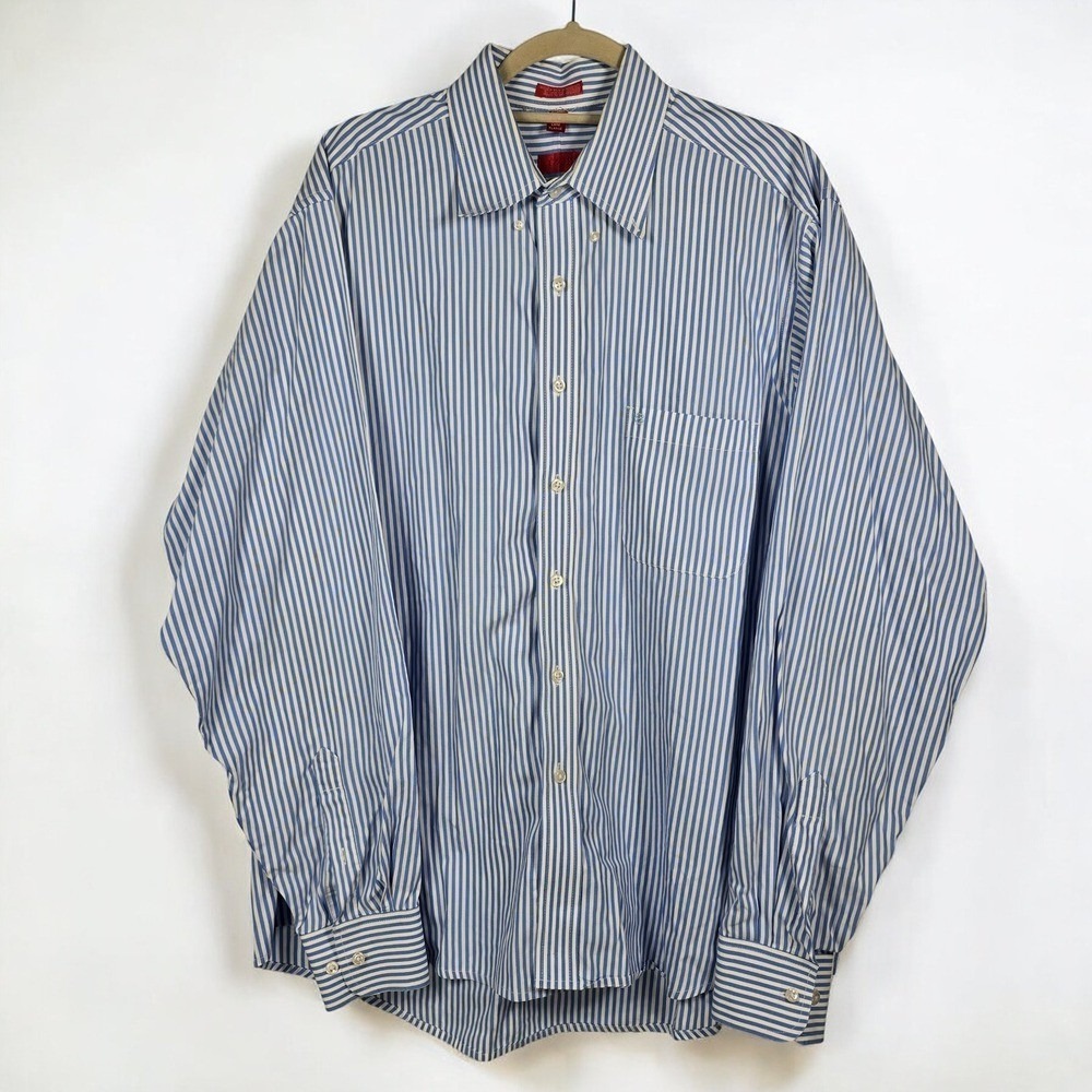 IZOD Button Down Shirt Men XL Blue Striped 2-Ply‎ Pinpoint Cotton Long Sleeve